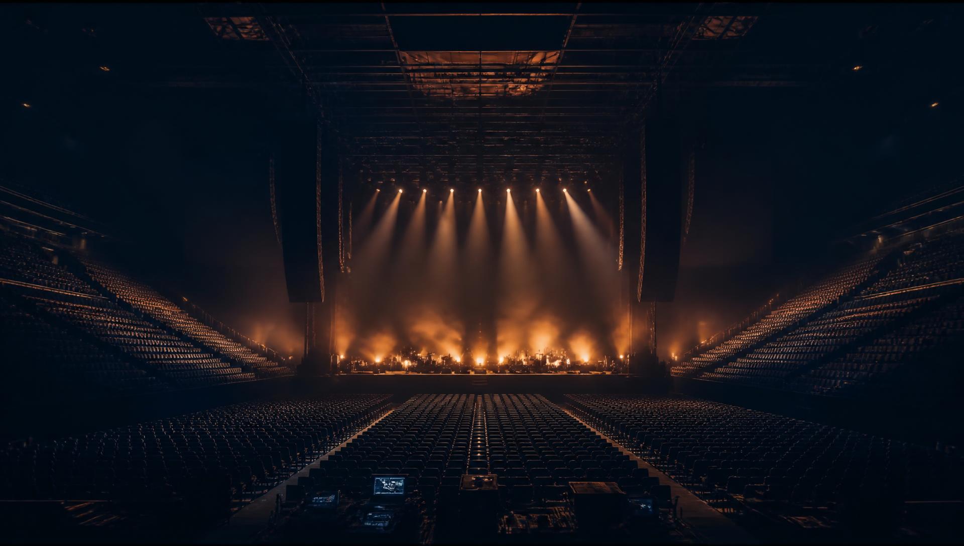 Empty concert arena with stage lighting before an event